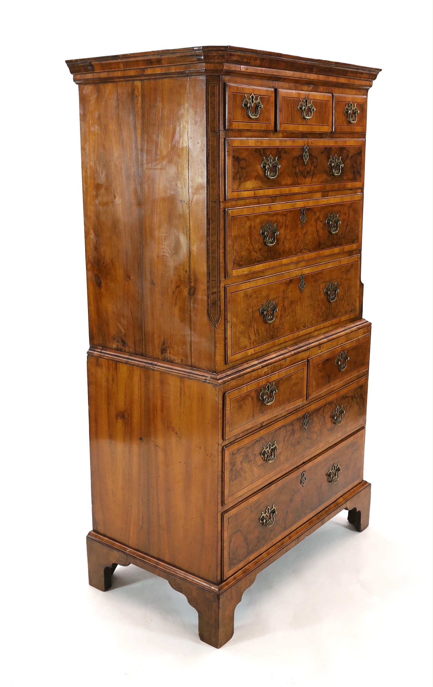 A George I inlaid walnut chest on chest, width 101cm, depth 58cm, height 176cm